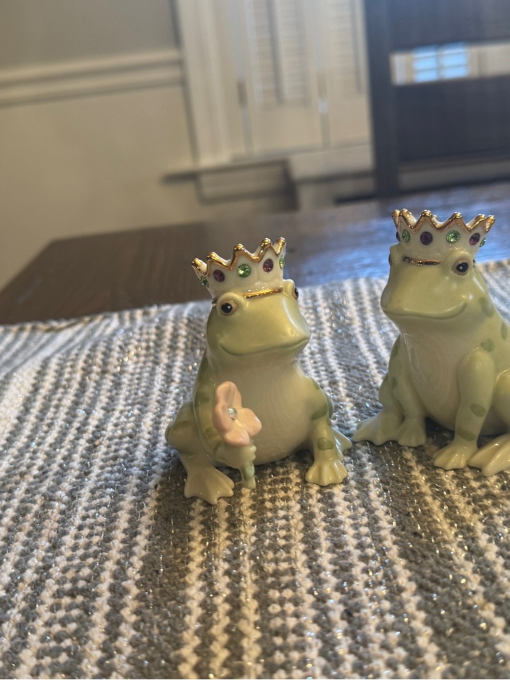 Lenox Frog Prince Salt and Pepper Shakers with Crown and Flower - Light Green